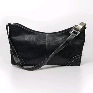 FRANCO SARTO Black Genuine Convertible Leather Bag Detachable Strap White Stitch